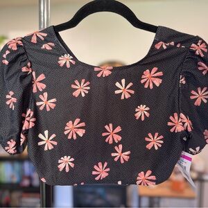 Nordstrom Pink Floral Puff Sleeve Girls Swim Top